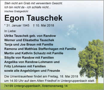 Traueranzeige von Egon Tauschek 