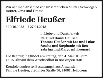 Traueranzeige von Elfriede Heußer 