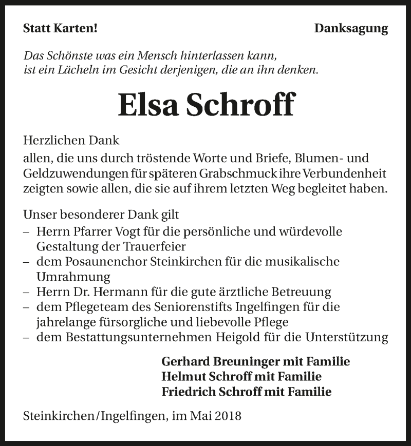  Traueranzeige für Elsa Schroff vom 12.05.2018 aus 