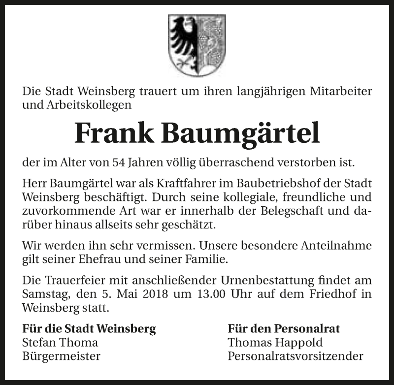  Traueranzeige für Frank Baumgärtel vom 03.05.2018 aus 