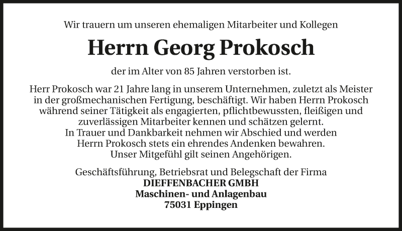  Traueranzeige für Georg Prokosch vom 08.05.2018 aus 