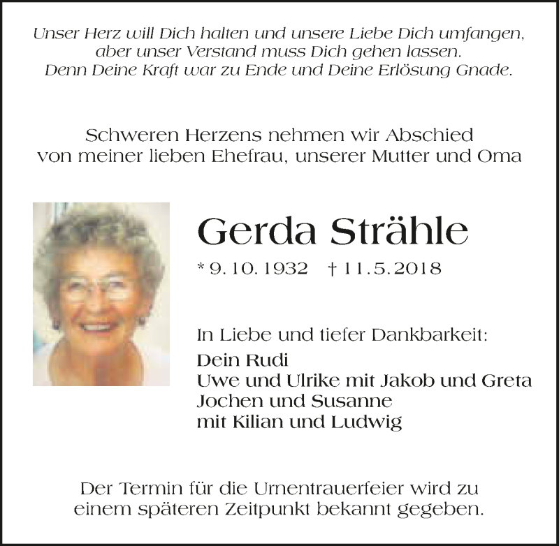  Traueranzeige für Gerda Strähle vom 15.05.2018 aus 