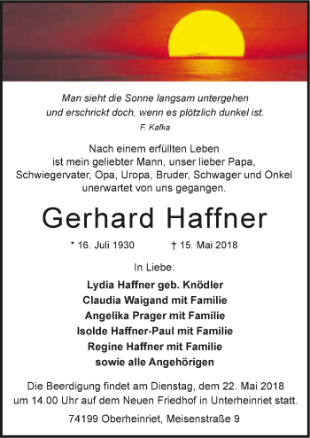 Traueranzeige von Gerhard Haffner 