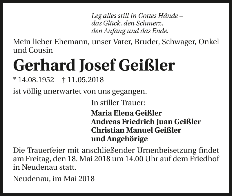  Traueranzeige für Gerhard Josef Geißler vom 17.05.2018 aus 