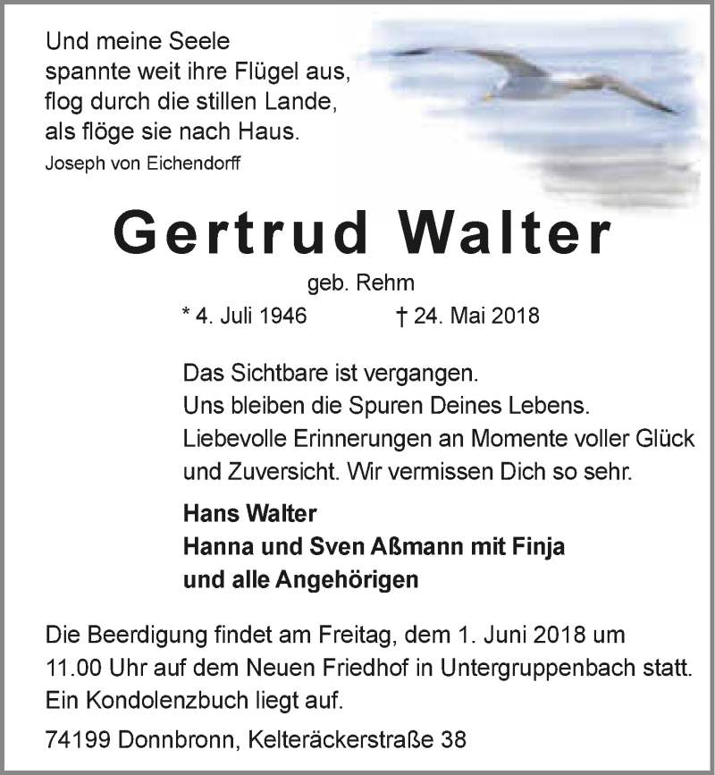  Traueranzeige für Gertrud Walter vom 29.05.2018 aus 
