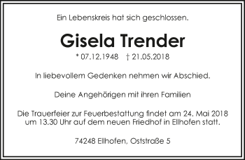 Traueranzeige von Gisela Trender 