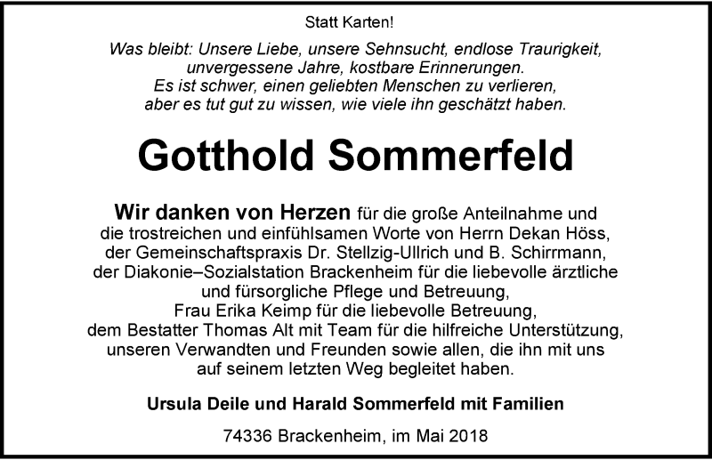  Traueranzeige für Gotthold Sommerfeld vom 26.05.2018 aus 