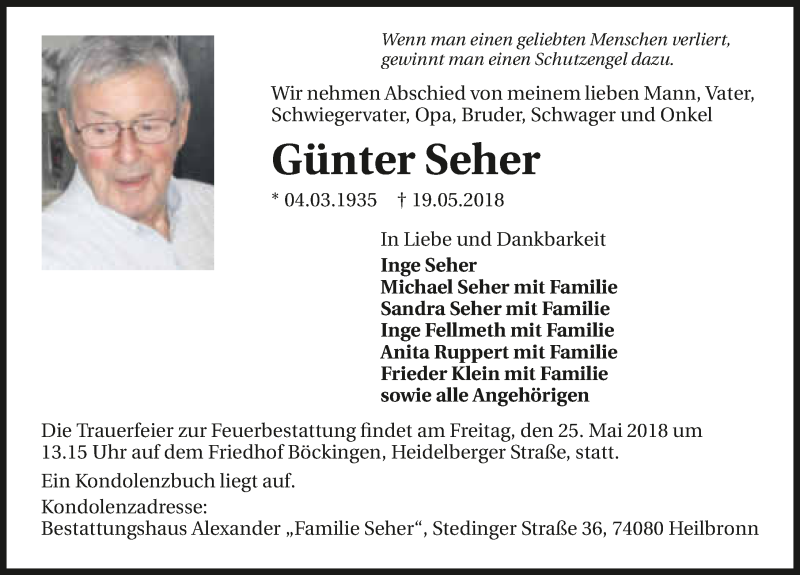  Traueranzeige für Günter Seher vom 23.05.2018 aus 