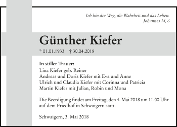 Traueranzeige von Günther Kiefer 