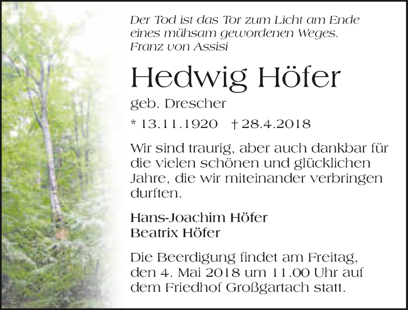  Traueranzeige für Hedwig Höfer vom 02.05.2018 aus 