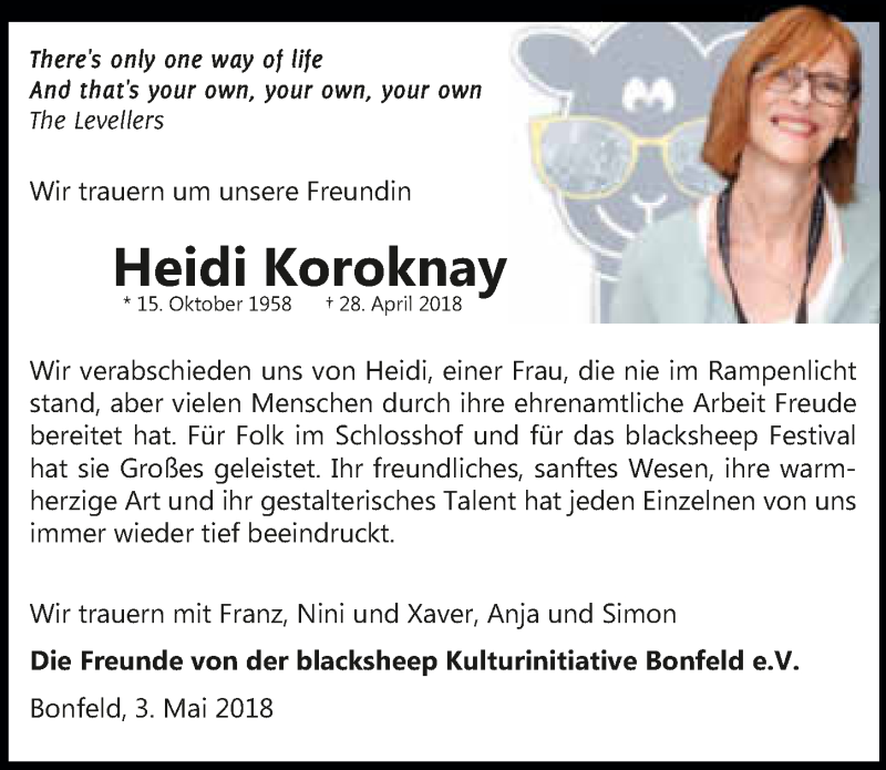  Traueranzeige für Heidi Koroknay vom 03.05.2018 aus 