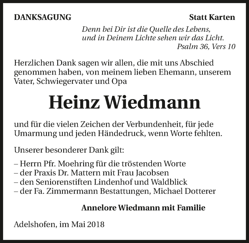  Traueranzeige für Heinz Wiedmann vom 05.05.2018 aus 
