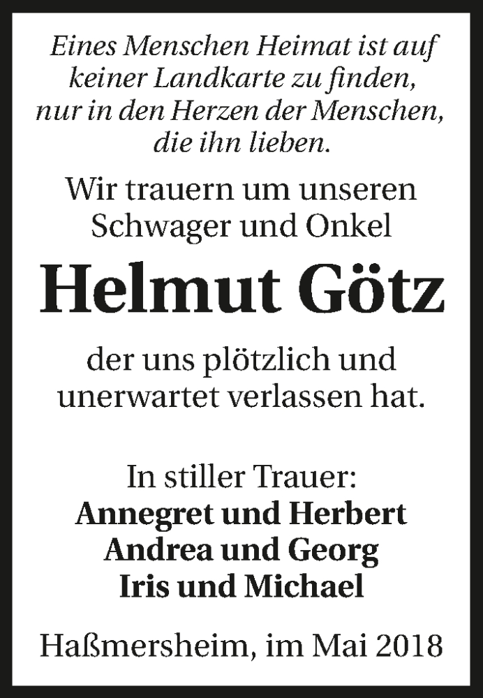  Traueranzeige für Helmut Götz vom 05.05.2018 aus 