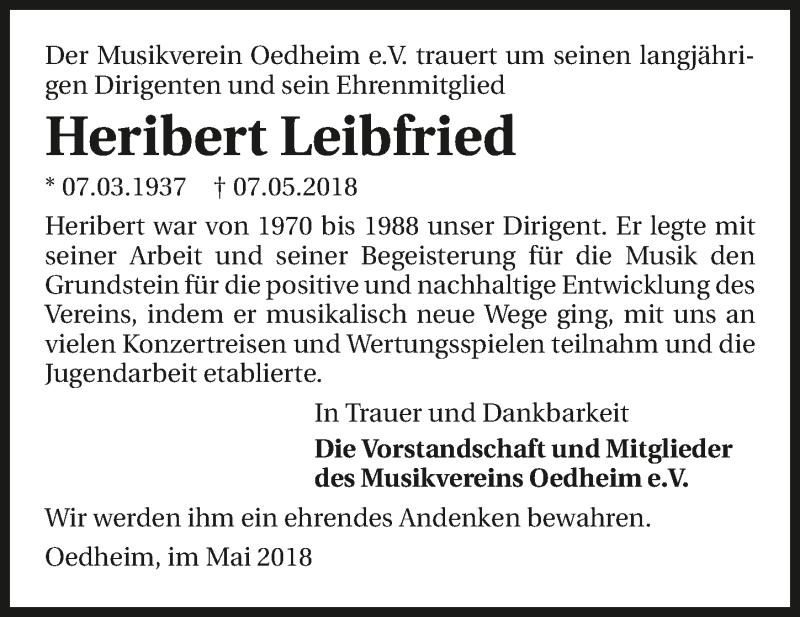  Traueranzeige für Heribert Leibfried vom 15.05.2018 aus 