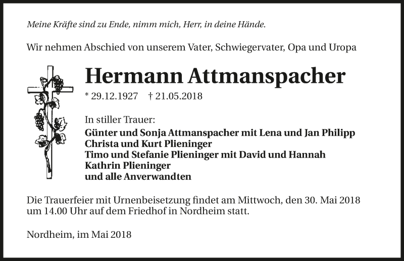  Traueranzeige für Hermann Attmanspacher vom 26.05.2018 aus 