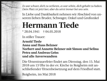 Traueranzeige von Hermann Tiede 