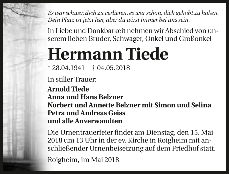  Traueranzeige für Hermann Tiede vom 12.05.2018 aus 
