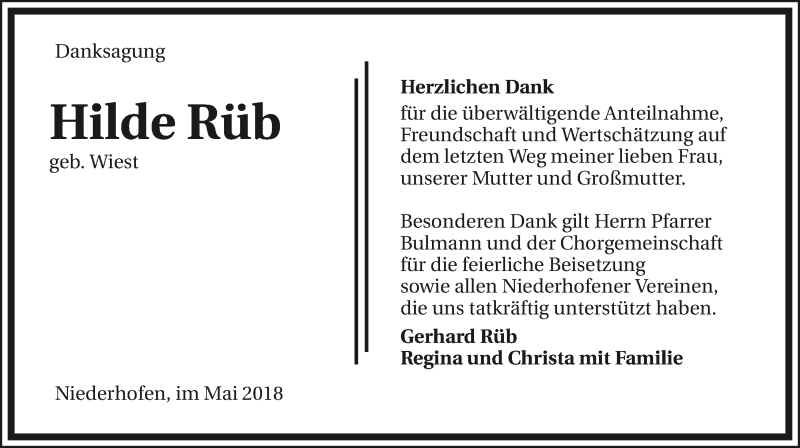  Traueranzeige für Hilde Rüb vom 23.05.2018 aus 