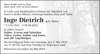 Traueranzeige von Inge Dietrich 