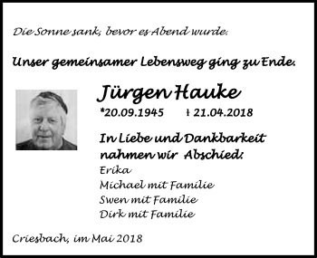 Traueranzeige von Jürgen Hauke 