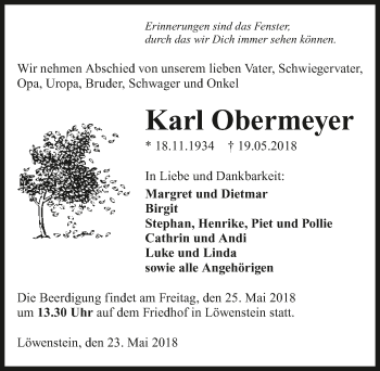 Traueranzeige von Karl Obermeyer 