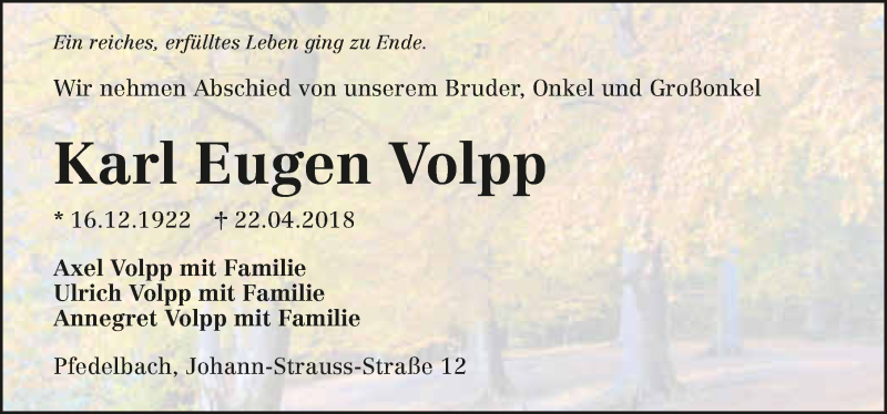 Traueranzeige für Karl Eugen Volpp vom 04.05.2018 aus 