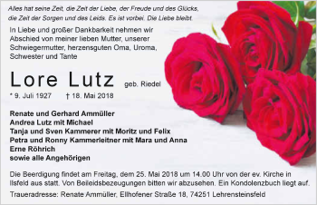 Traueranzeige von Lore Lutz 