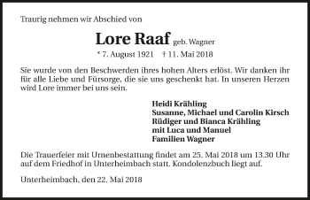 Traueranzeige von Lore Raaf 