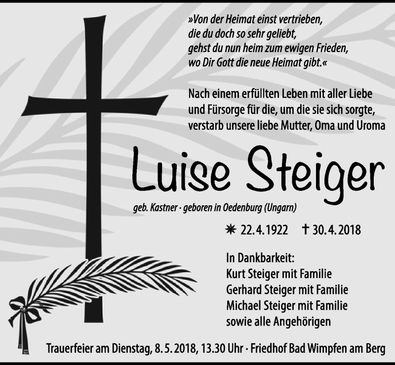  Traueranzeige für Luise Steiger vom 05.05.2018 aus 