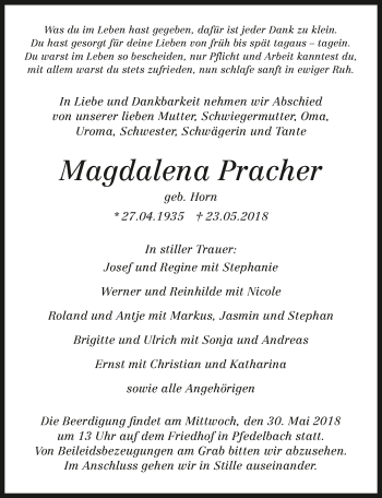 Traueranzeige von Magdalena Pracher 