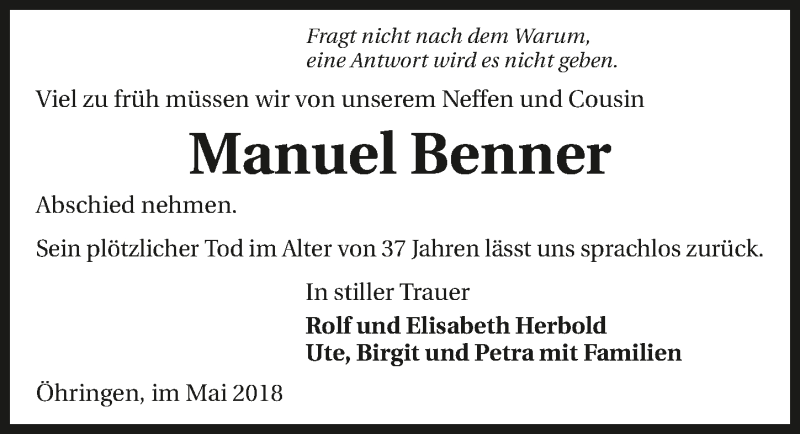  Traueranzeige für Manuel Benner vom 30.05.2018 aus 