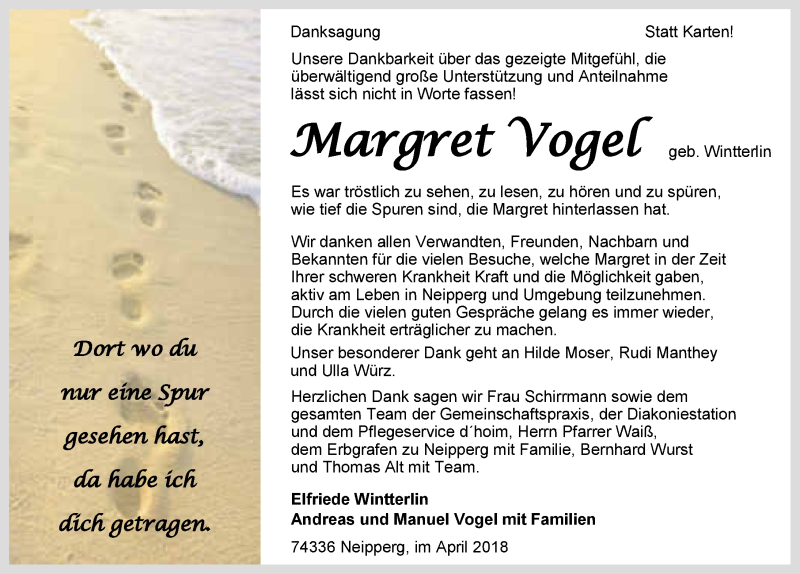  Traueranzeige für Margret Vogel vom 03.05.2018 aus 