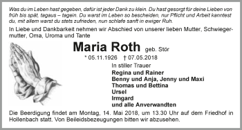 Traueranzeige von Maria Roth 