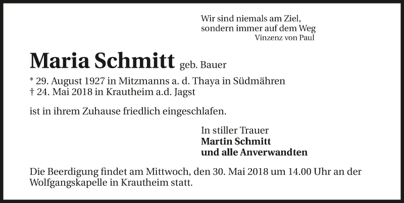  Traueranzeige für Maria Schmitt vom 26.05.2018 aus 