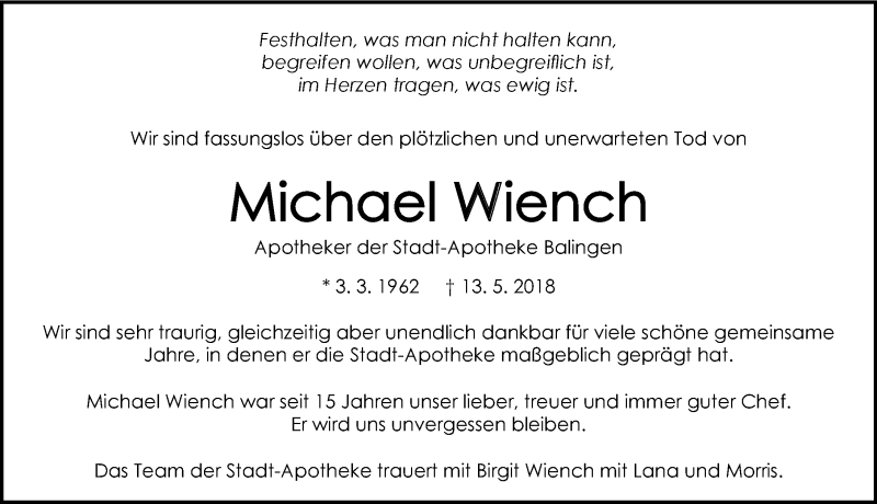  Traueranzeige für Michael Wiench vom 19.05.2018 aus 
