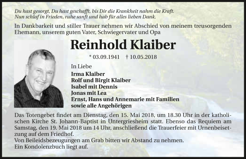  Traueranzeige für Reinhold Klaiber vom 12.05.2018 aus 