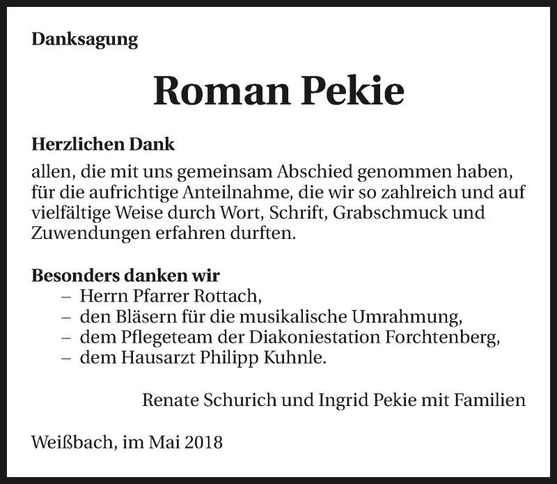  Traueranzeige für Roman Pekie vom 12.05.2018 aus 
