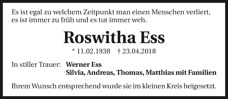  Traueranzeige für Roswitha Ess vom 09.05.2018 aus 
