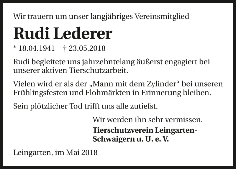  Traueranzeige für Rudi Lederer vom 26.05.2018 aus 