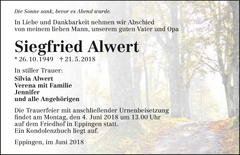  Traueranzeige für Siegfried Alwert vom 30.05.2018 aus 