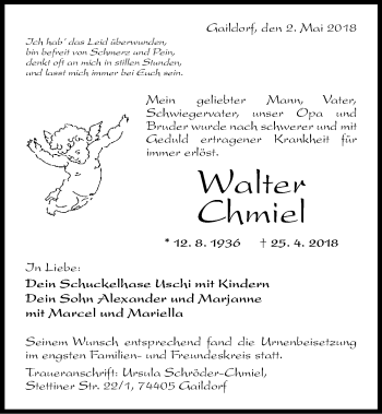 Traueranzeige von Walter Chmiel 