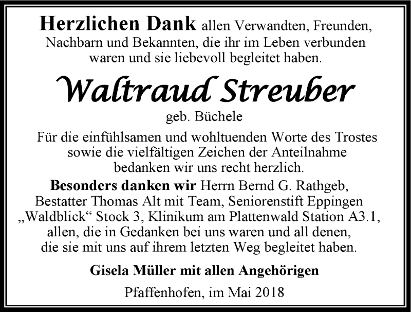  Traueranzeige für Waltraud Streuber vom 30.05.2018 aus 