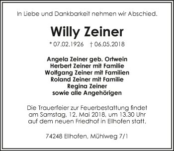 Traueranzeige von Willy Zeiner 