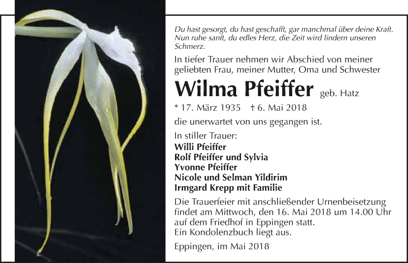  Traueranzeige für Wilma Pfeiffer vom 14.05.2018 aus 