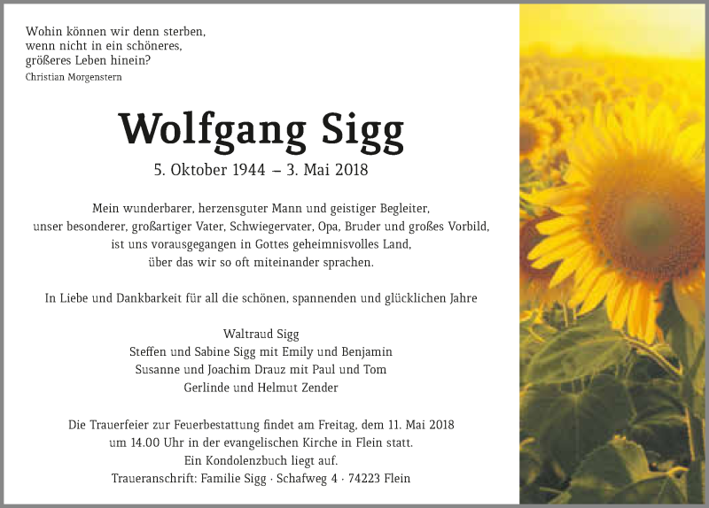  Traueranzeige für Wolfgang Sigg vom 05.05.2018 aus 