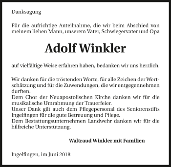 Traueranzeige von Adolf Winkler 