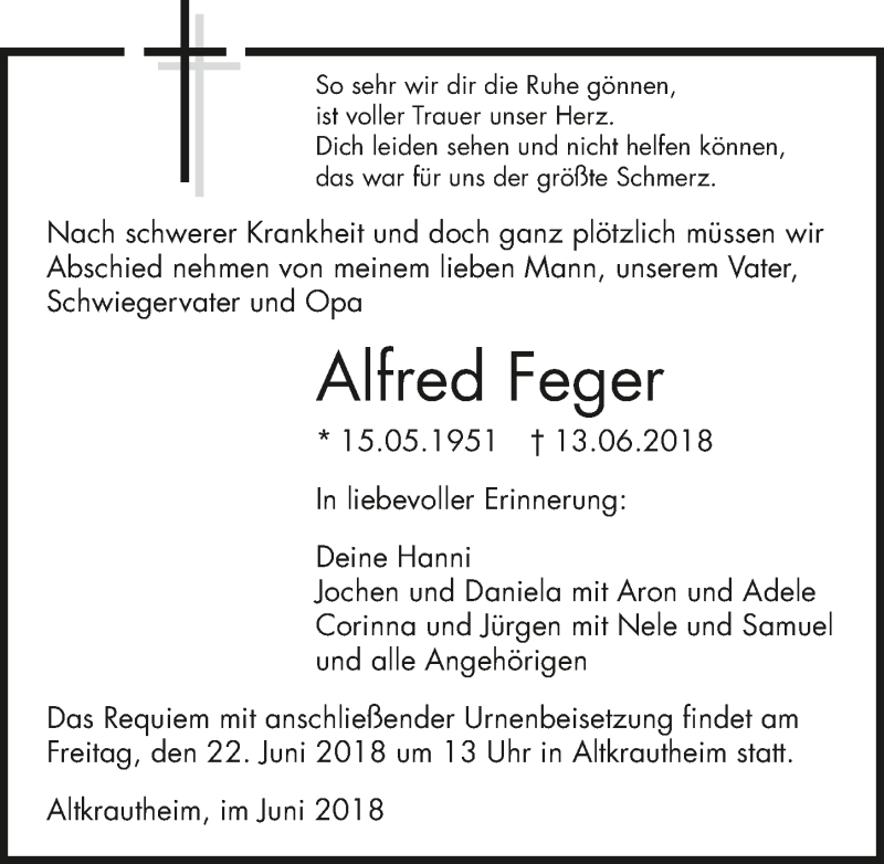  Traueranzeige für Alfred Feger vom 20.06.2018 aus 