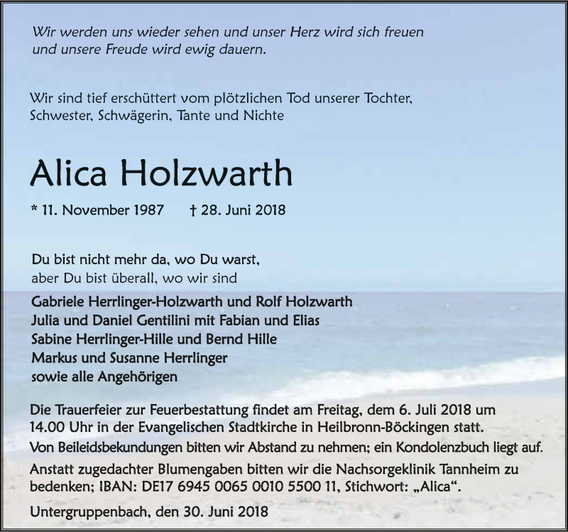  Traueranzeige für Alica Holzwarth vom 30.06.2018 aus 