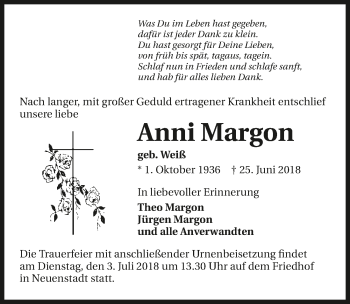 Traueranzeige von Anni Margon 