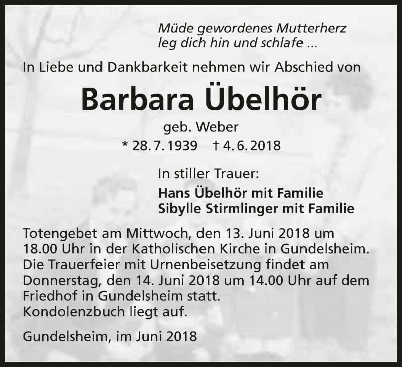  Traueranzeige für Barbara Übelhör vom 11.06.2018 aus 